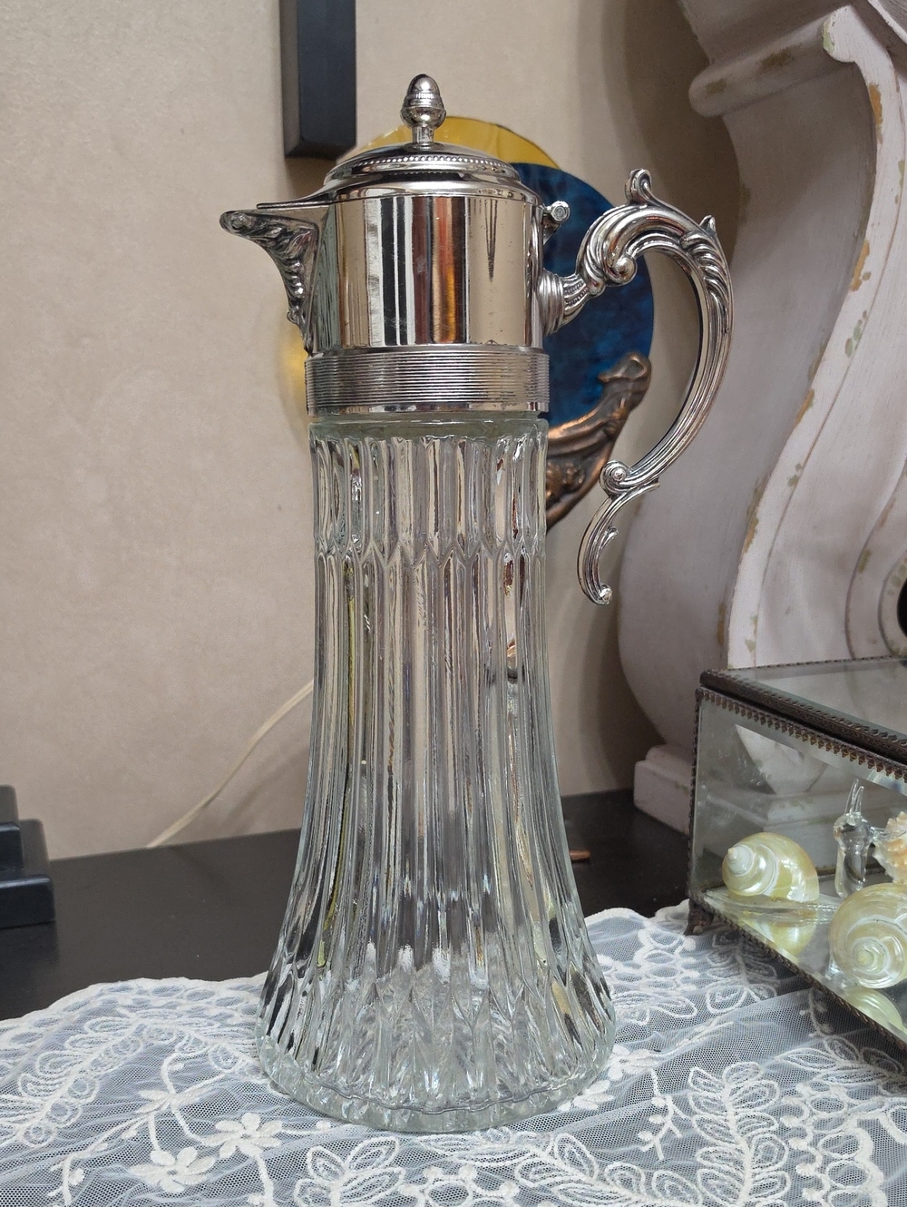 Vtg 1960 Italian Silver-Tone Glass Carafe with Decorative Handle - Clear